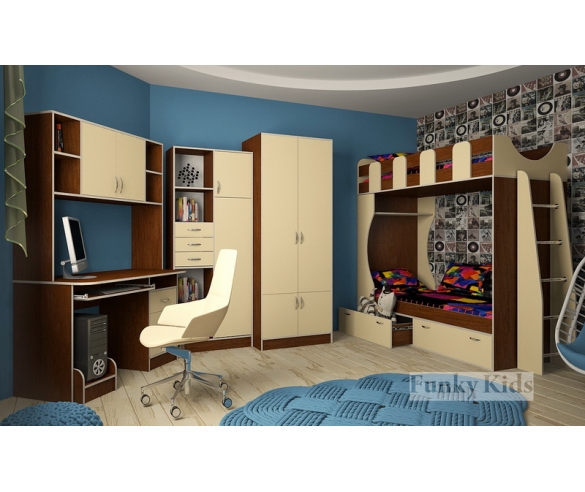 Двухъярусная кровать Фанки Кидз 5 + тумба - лестница + стол с надстройка + стеллаж для книг + шкаф для одежды - корпус орех / фасад крем ваниль