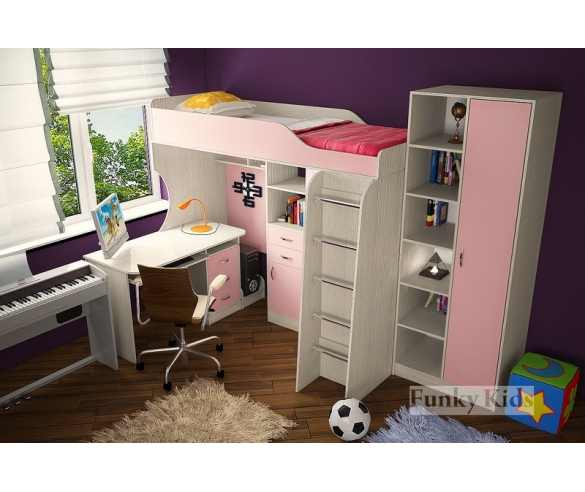 Кровать чердак Фанки Кидз 7/1 + шкаф для одежды + стол компьютерный + подставка под процессор корпус сосна лоредо / фасад розовый