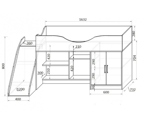Кровать Фанки Кидз-6 схема с размерами