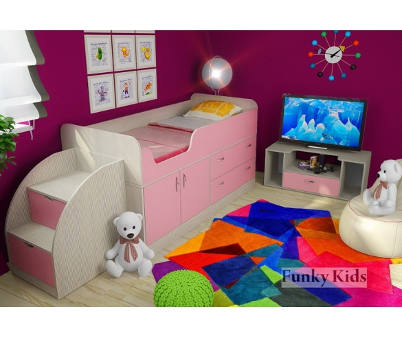 Детская кровать Фанки Кидз 9 + тумба-лестница 13/19 + подставка под ТВ 13/22, сосна лоредо / розовый  