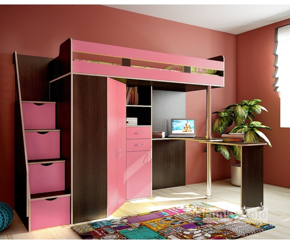 Кровать-чердак Фанки Соло 1 с рабочей зоной, венге / розовый 