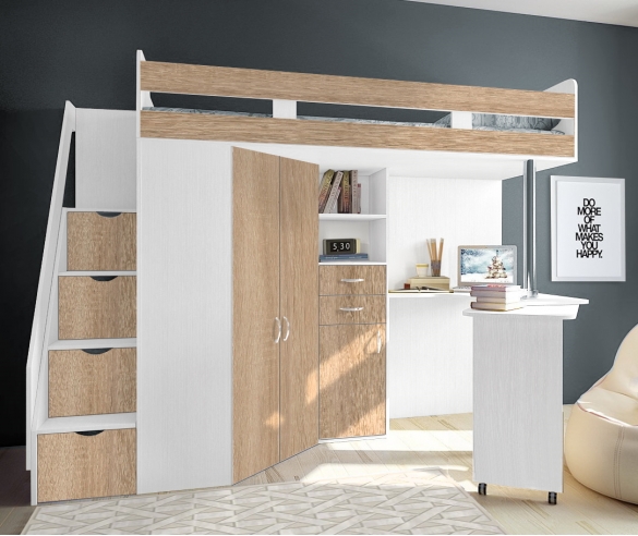 кровать чердак Факи Соло 1 корпус белый / фасад бордолино