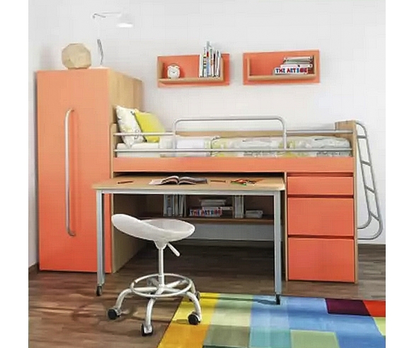 кровать-чердак для детей с ящиками для белья и столом письменным