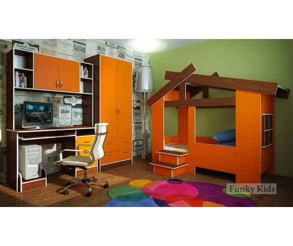 кровать Домико 13/64СВ + шкаф 13/3СВ + стол с надстройкой 13/14СВ. Цвет: Орех/Оранжевый 