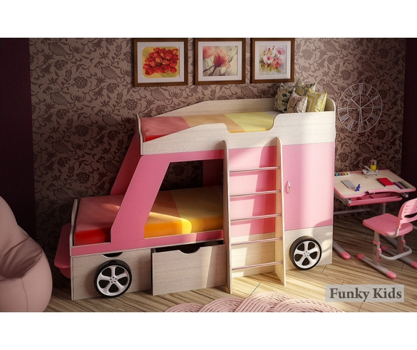 Кровать Джип для двоих детей + парта Фанки Джип. Цвет: сосна лореда/розовый 