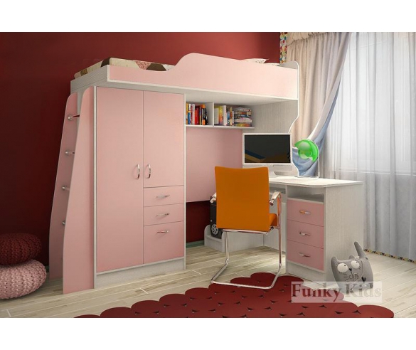 Кровать-чердак Фанки Кидз 4/1СВ+13/1СВ стол письменный, цвет сосна лоредо/розовый