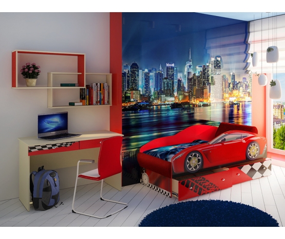 Кровать машина с выкатными бельевыми ящиками на подиуме + мебель для детских комнат Фанки Авто 