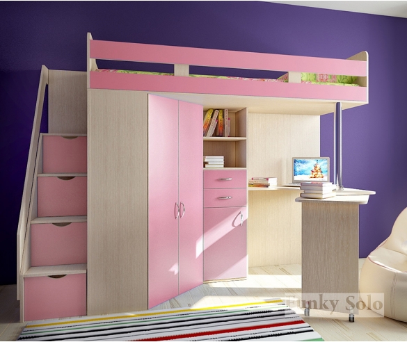 Детская кровать-чердак Фанки Соло 1, расцветка: Дуб кремона / Розовый 