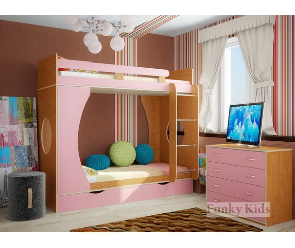 Детская кровать Фанки Кидх 3 для двоих детей, орех / розовый 