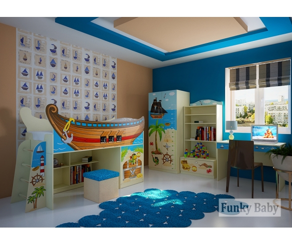 Детская комната Пираты: кровать-чердак, шкаф, стеллаж, стол и пуфик