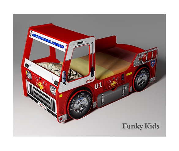 Пожарная кровать-машина для детей с объемными колесами 4 шт.