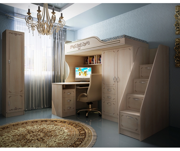 Кровать-чердак + тумба-лестница + письменный стол + пенал серия Фанки Кидз Классика 