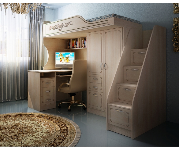 Кровать-чердак Фанки Кидз Классика с лестницей и письменным столом, цвет - дуб молочный