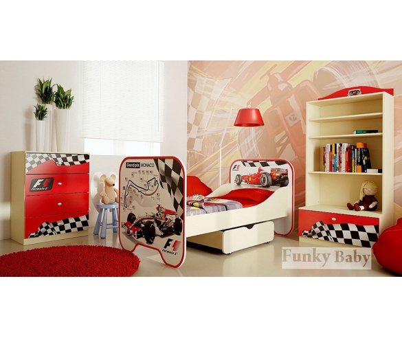 Кровать Формула 1 + мебель Фанки Авто: комод + ящик выкатной + стеллаж 