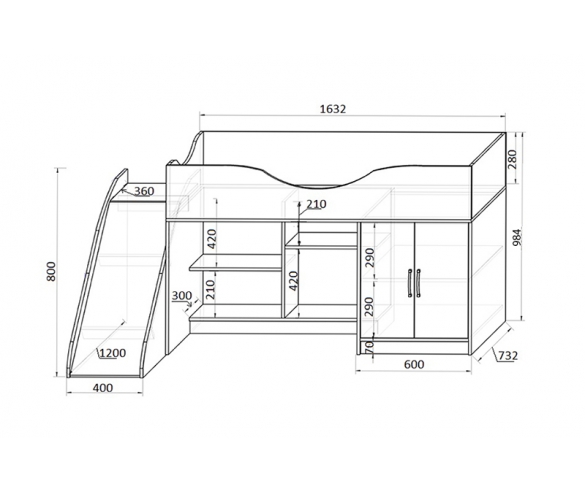 Кровать-чердак Мишка с горкой, арт. 40019 - размеры и схема 
