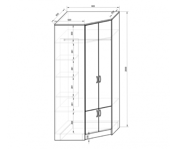 схема и размеры углового шкафа Фанки Лилак