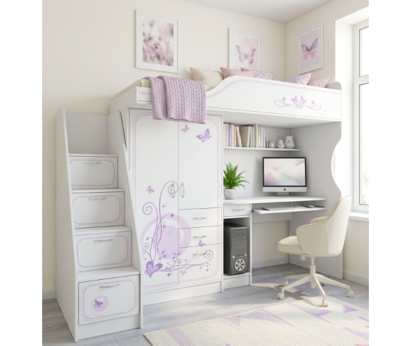 Кровать чердак Фанки Лилак 4 с тумбой лестницей, цвет белый