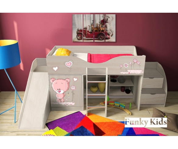 детская кровать-чердак Фанки Бэби - Мишка - с горкой и тумбой-лестницей