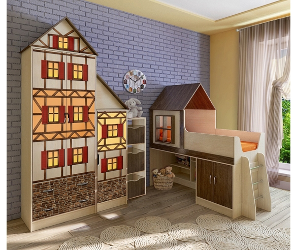 Детская кровать-чердак Домик и мебель для хранения Фанки Кидз Домик 