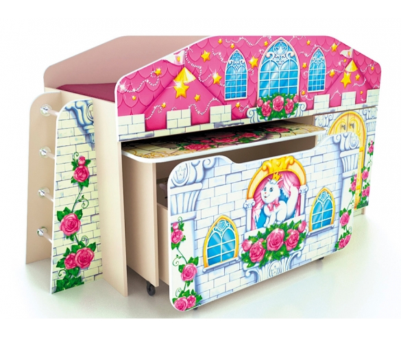 Кровать-чердак Замок Принцессы с выкатными ящикой и письменным столом 