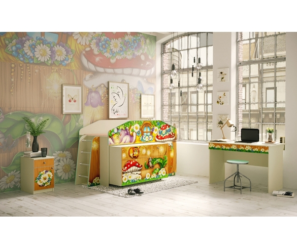 Детская мебель Лесная сказка: кровать-чердак КЧ-8 + комод К-2 + тумба Т-5 + письменный стол СТ-4