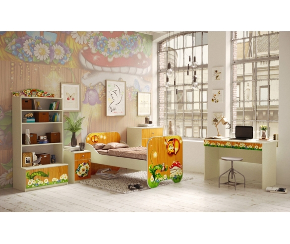 мебель для детских комнат серии Лесная сказка: кровать КР-6 + стол СТ-4 + комод К-1 + тумба Т-5 + стеллаж С-2 