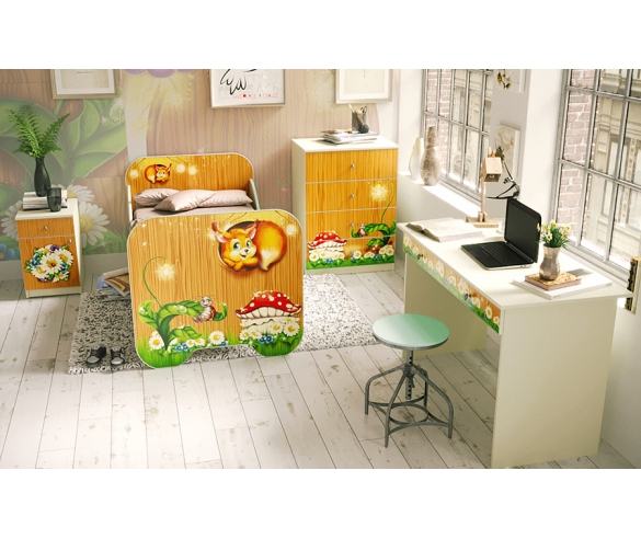 детская мебель Лесная сказка: кровать одноярусная + комод + тумба + письменный стол 