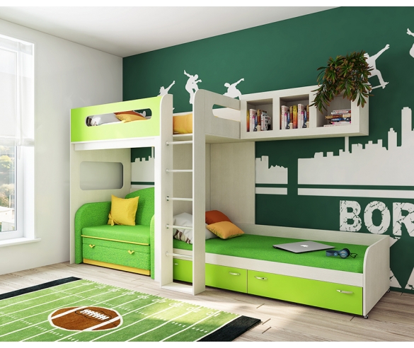 Кровать-чердак + нижняя кровать + полка и диван Бланес - готовый комплект мебели Фанки Кидз для троих детей 