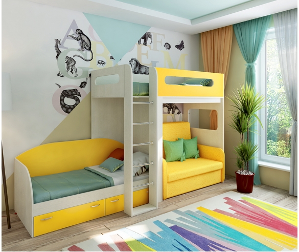 Кровать-чердак Фанки Кидз 24 и низкая одноярусная кровать + раскладной диван Бланес 