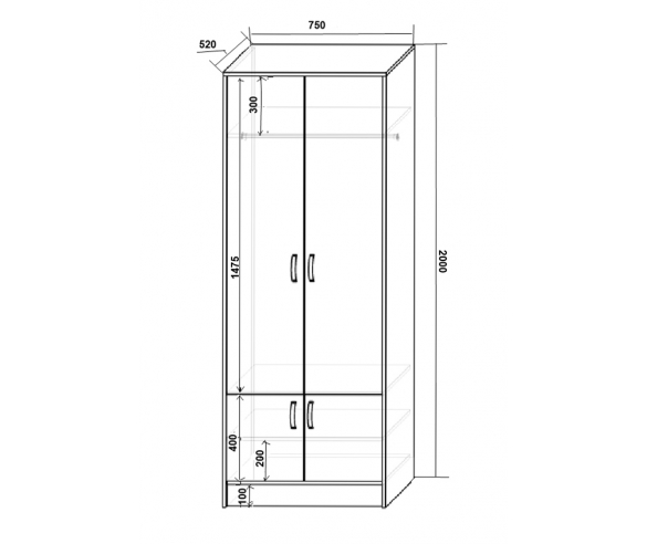 Двухдверный шкаф Фанки Кидз для хранения 13/2 - схема и размеры 