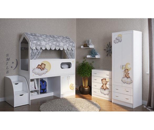 Детская кровать Домик Сказка + мебель Мишка