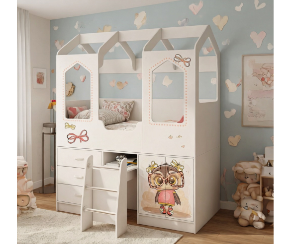 Кровать Домик Сказка ДС-14 с рисунком Совушка