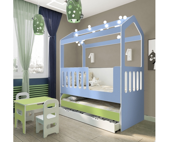 Кровать ДС-35.1 голубая с выдвижной кроватью в салатовом цвете