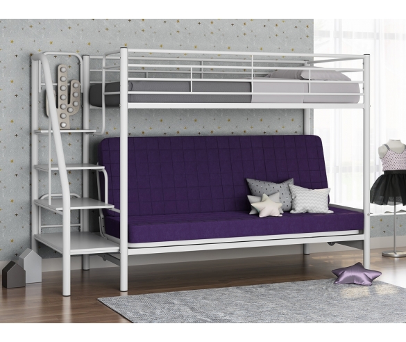 Двухъярусная кровать с диваном Мадлен №3 Белый/Фиолетовый