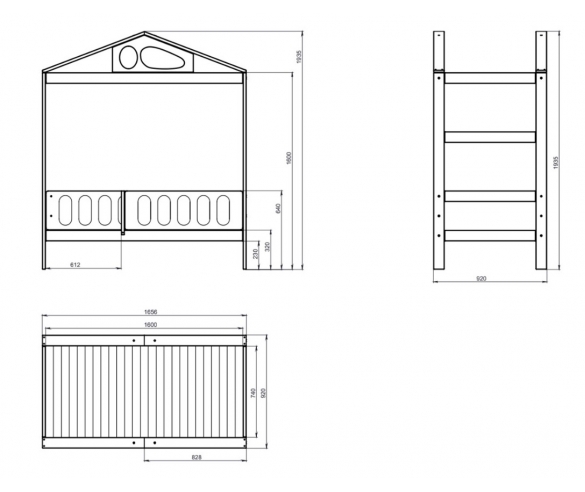 Схема с размерами кровати Домик Jimmy Space, спальное место 160х80см.