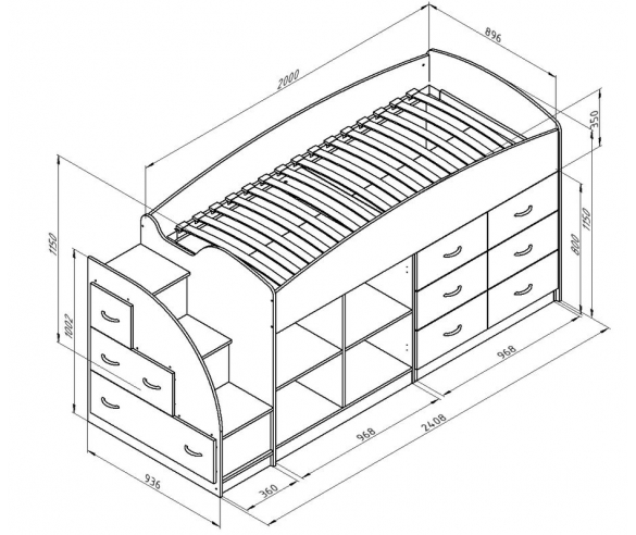Кровать-чердак "Дюймовочка 4" с открытыми полочками, Схема