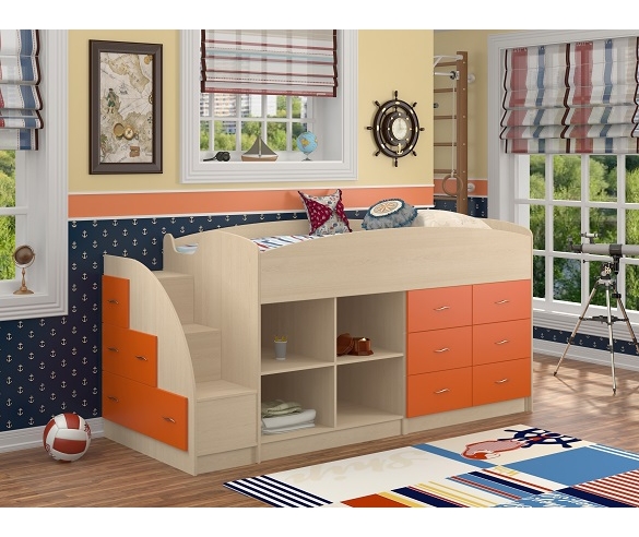 Кровать-чердак "Дюймовочка 4" с открытыми полочками. Корпус:Дуб Молочный, Фасад:Оранжевый