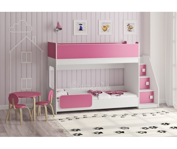 Двухъярусная кровать с лестницей комодом для девочек Легенда 43.4.1 корпус белый / фасад розовый.