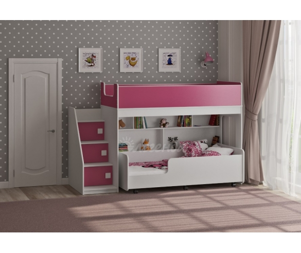 Двухъярусная кровать для девочек Легенда 43.3.3 корпус белый / фасад розовый.